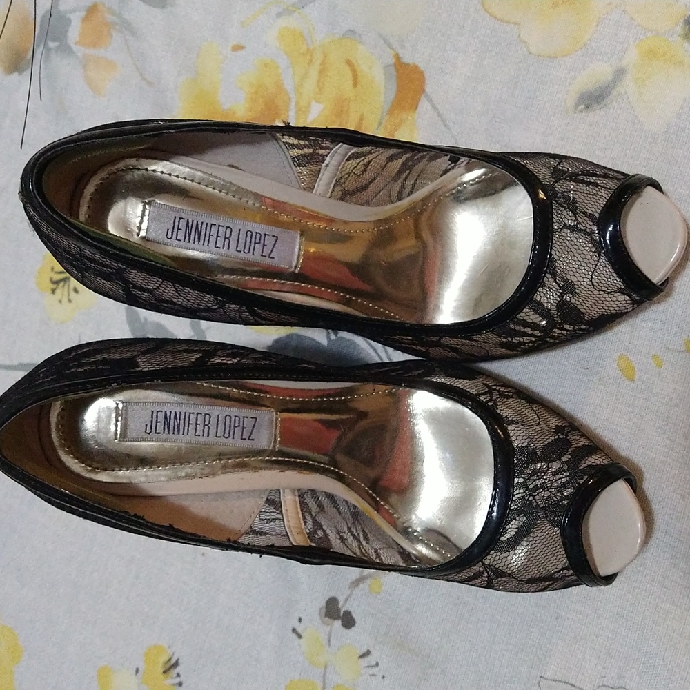 Used 2 times perfect condition Jennifer Lopez black lace open toes heels
